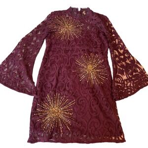 Free People North Star Gold Sequin Embellished burgundy Lace Mini Dress 6